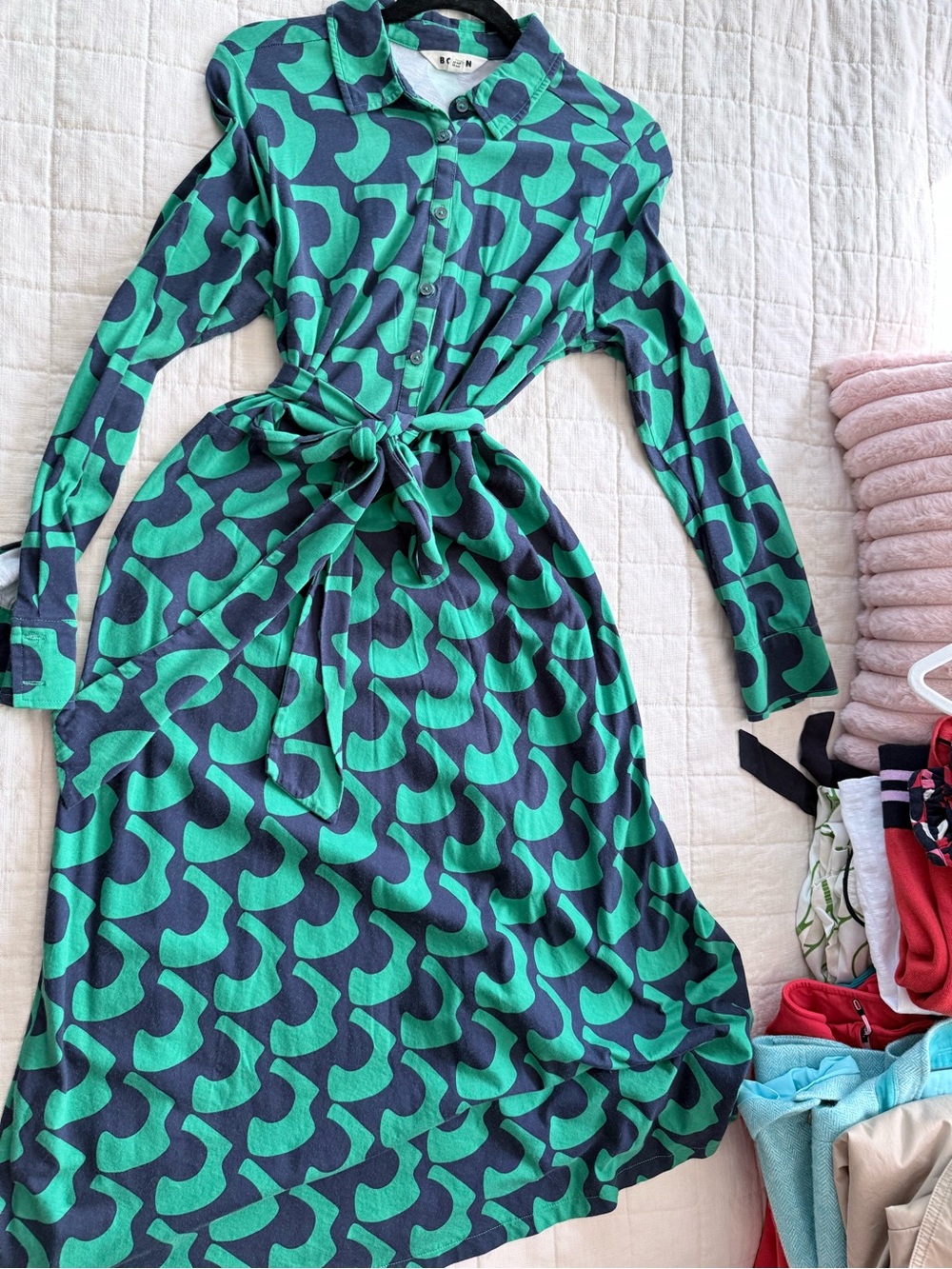 BODEN Green and blue Laura jersey Belted Shirt Dress